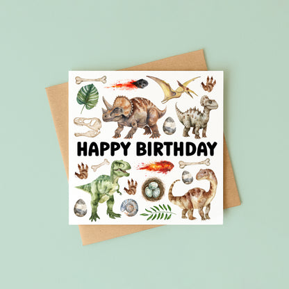 Birthday Card Dinosaur kids theme dino lover bday watercolour mood board design with Envelope
