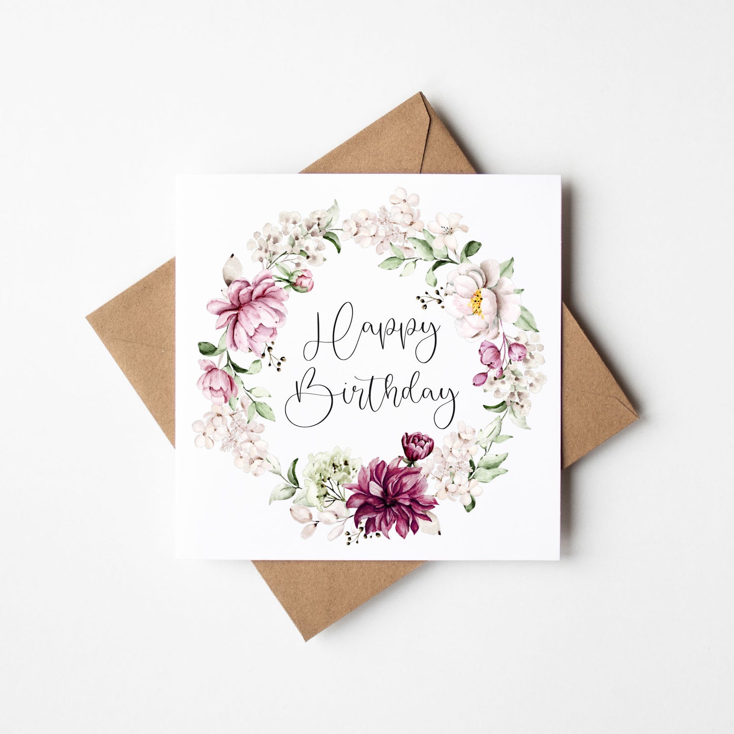 Birthday card, Happy Birthday white pink green maroon floral wreath pretty girl friends birthday card flower birthday card with envelope