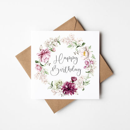 Birthday card, Happy Birthday white pink green maroon floral wreath pretty girl friends birthday card flower birthday card with envelope