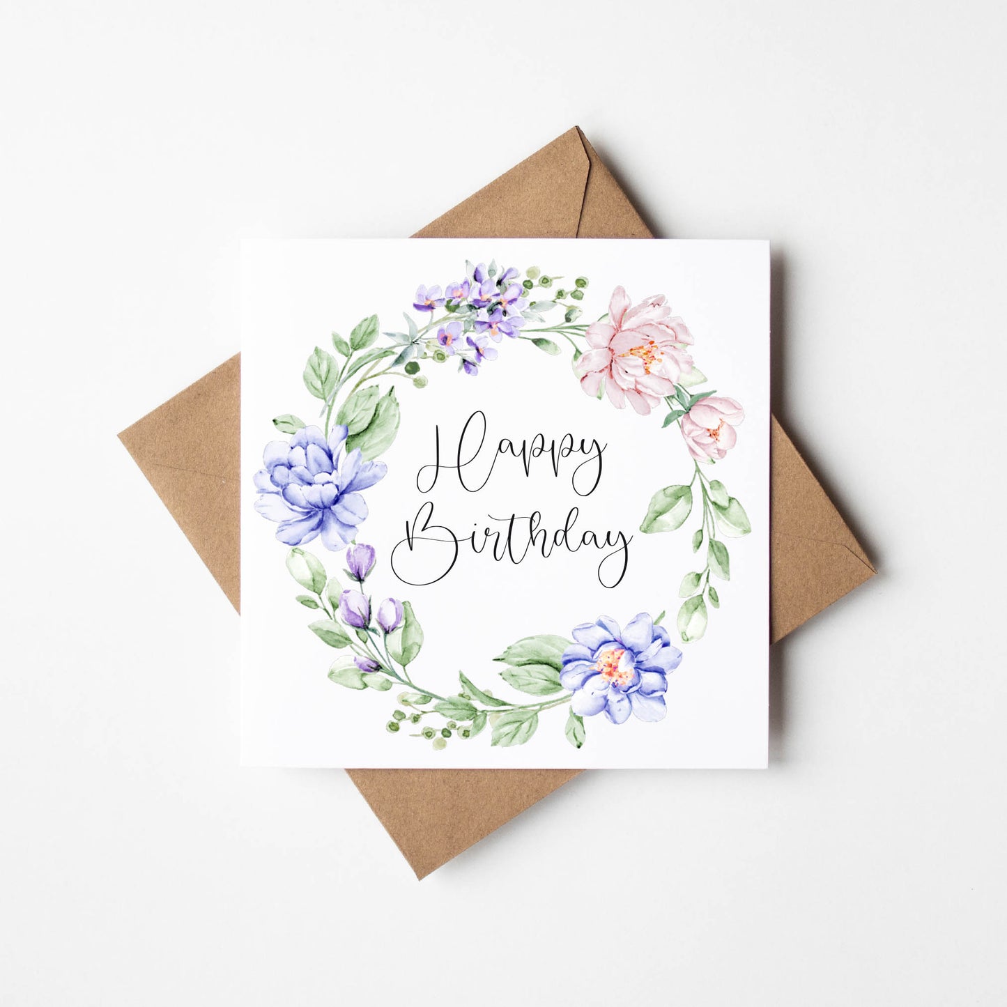 Birthday card, Happy Birthday white pink purple lilac floral wreath pretty girl friends birthday card flower birthday card with envelope