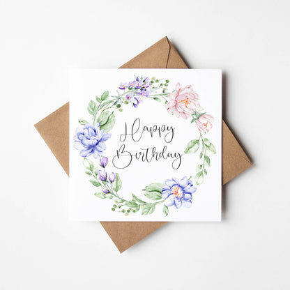 Birthday card, Happy Birthday white pink purple lilac floral wreath pretty girl friends birthday card flower birthday card with envelope