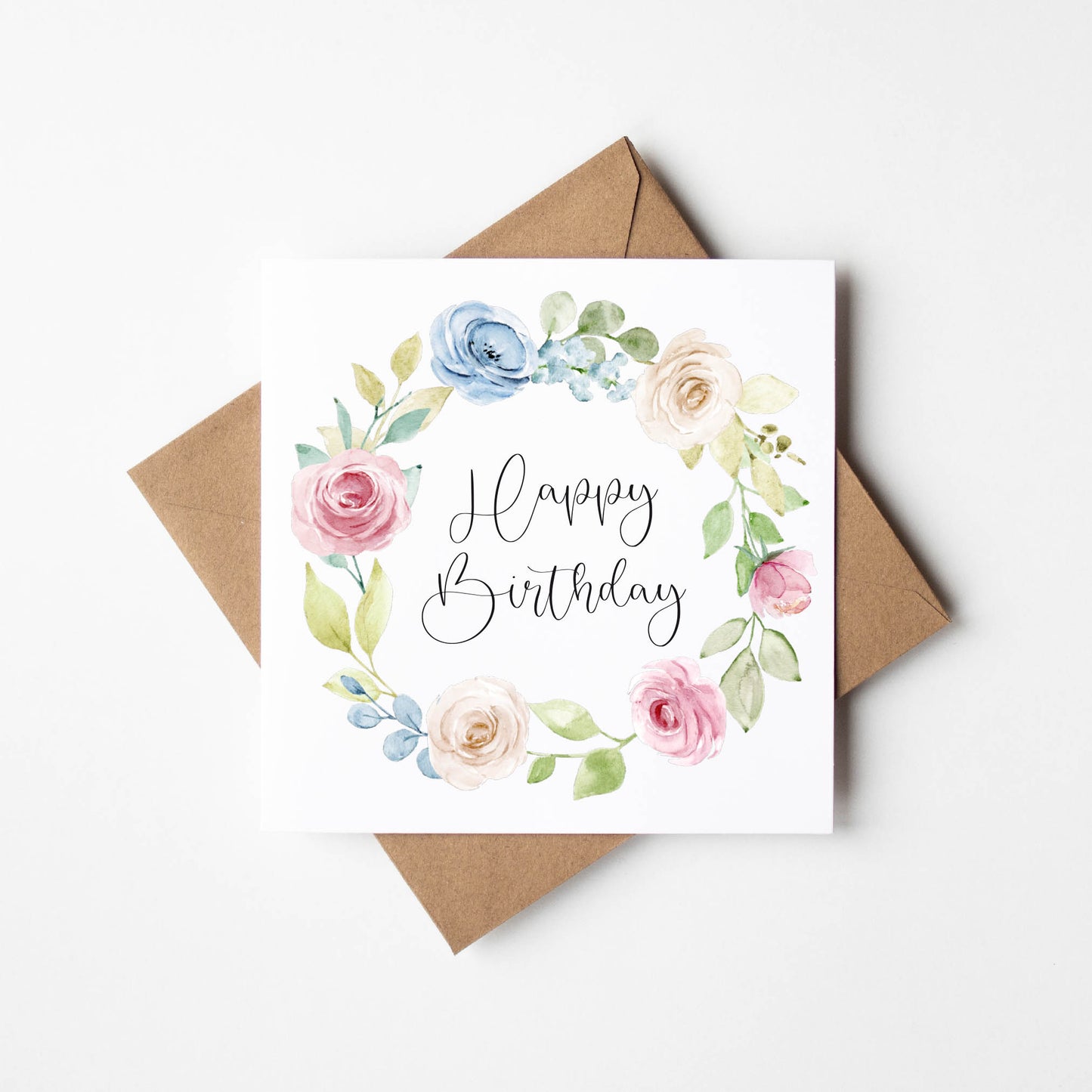 Floral Birthday Cards - pink green blue red floral wreaths - Pack of 4 with envelopes