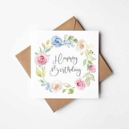 Floral Birthday Cards - pink green blue red floral wreaths - Pack of 4 with envelopes
