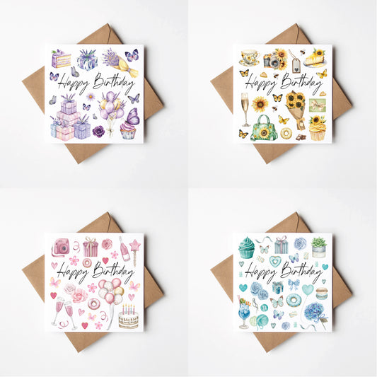 Birthday cards Pack of 4 Happy Birthday individual styles, floral roses sunflowers blue purple pink colour themed  cards with envelopes