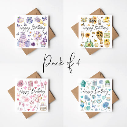 Birthday cards Pack of 4 Happy Birthday individual styles, floral roses sunflowers blue purple pink colour themed  cards with envelopes