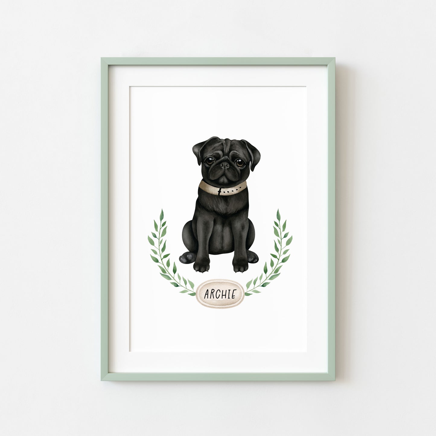 Personalised pug print, Black pug, personalised name & wreath dog pet unframed wall art poster print, personalised dog gifts, gift ideas