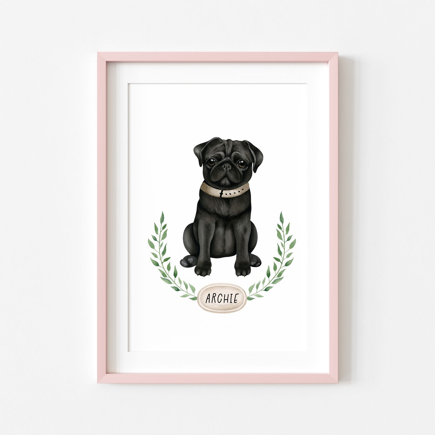 Personalised pug print, Black pug, personalised name & wreath dog pet unframed wall art poster print, personalised dog gifts, gift ideas