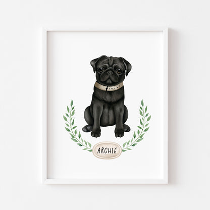 Personalised pug print, Black pug, personalised name & wreath dog pet unframed wall art poster print, personalised dog gifts, gift ideas