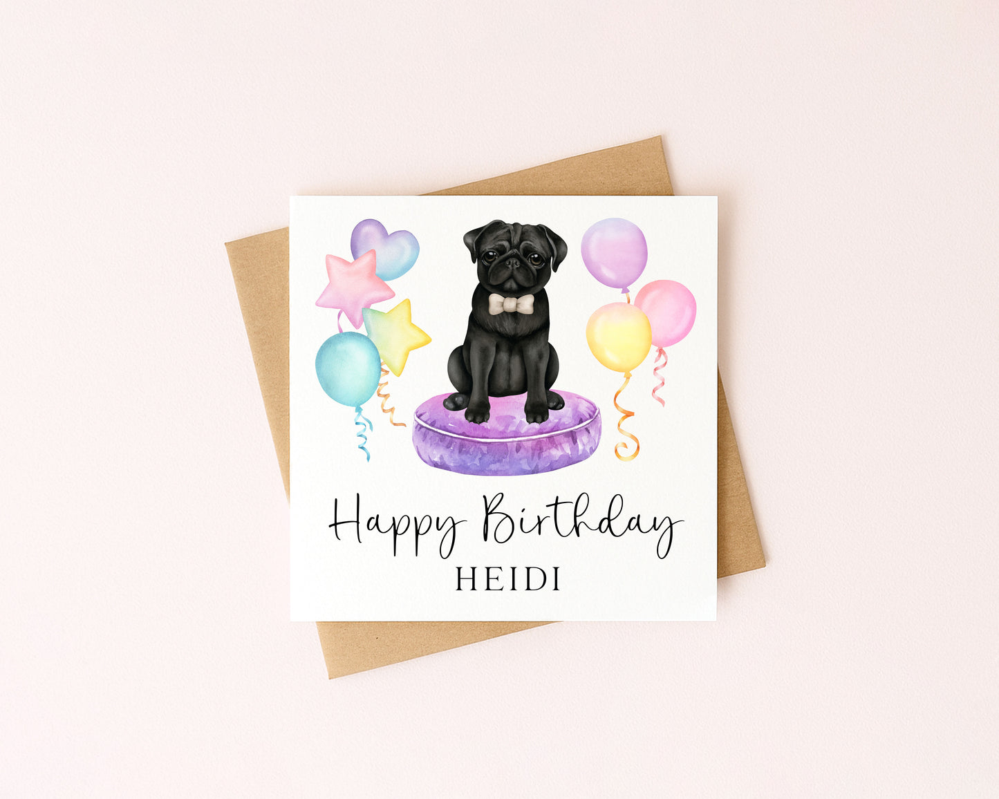 Personalised Black Pug Birthday card, custom dog pug lover card with envelope