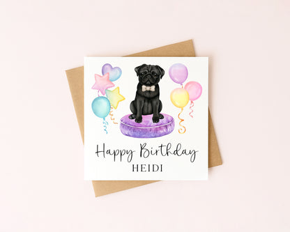 Personalised Black Pug Birthday card, custom dog pug lover card with envelope