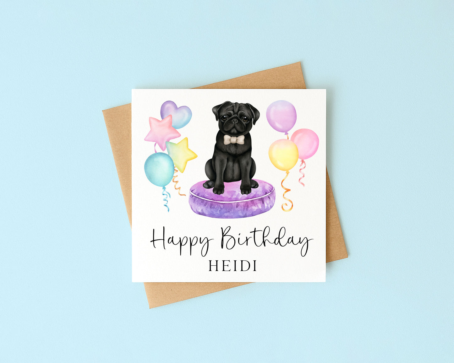 Personalised Black Pug Birthday card, custom dog pug lover card with envelope