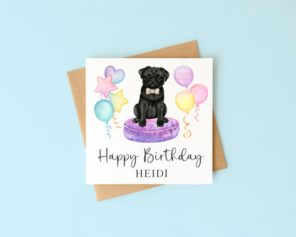 Personalised Black Pug Birthday card, custom dog pug lover card with envelope