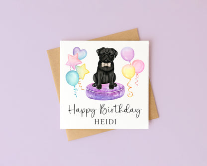 Personalised Black Pug Birthday card, custom dog pug lover card with envelope