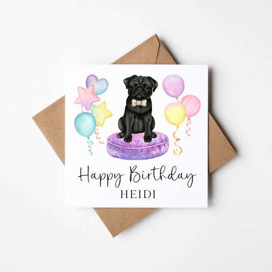 Personalised Black Pug Birthday card, custom dog pug lover card with envelope