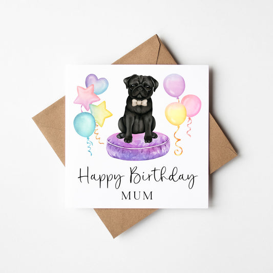 Personalised Black Pug Birthday card, custom dog pug lover card with envelope