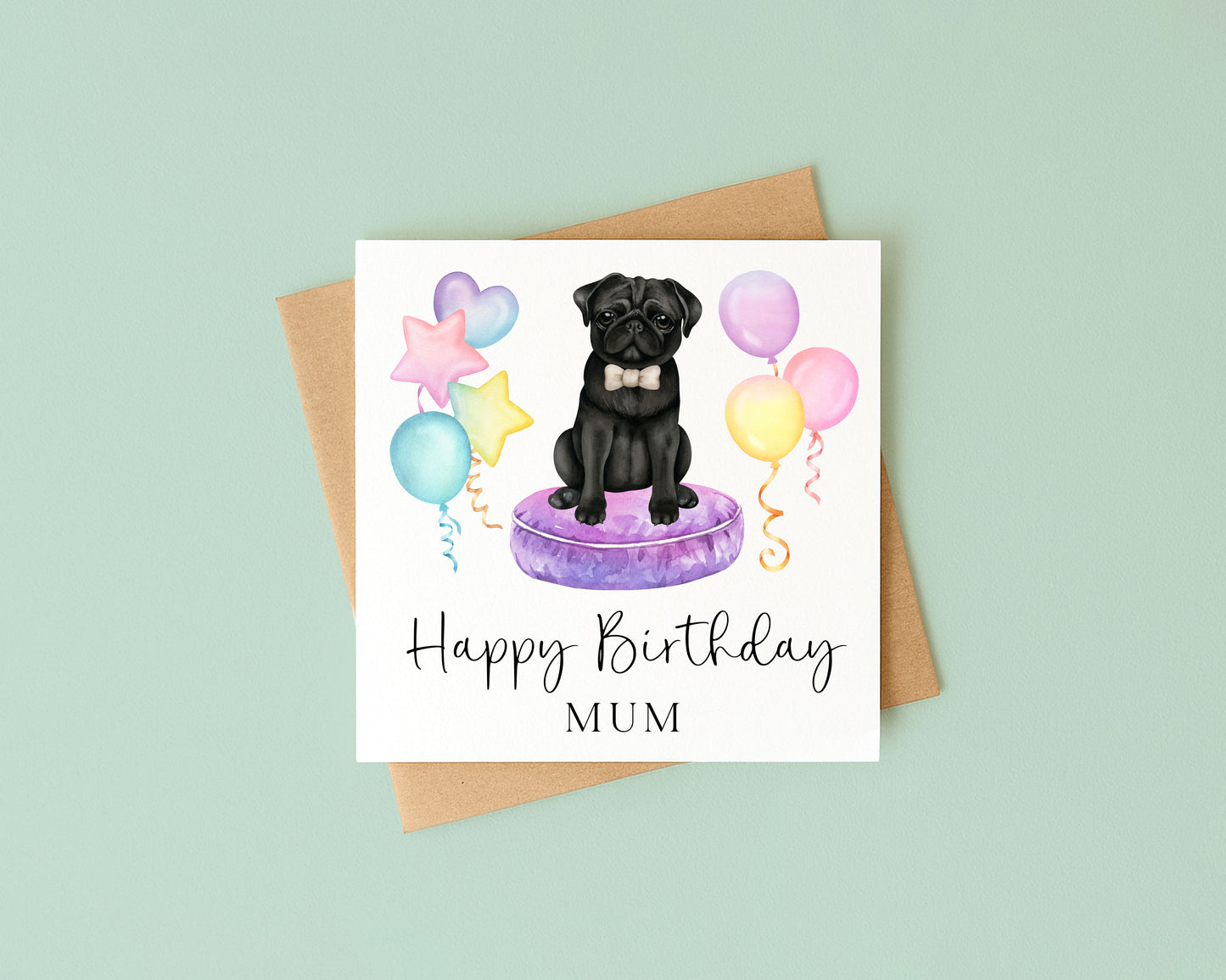 Personalised Black Pug Birthday card, custom dog pug lover card with envelope