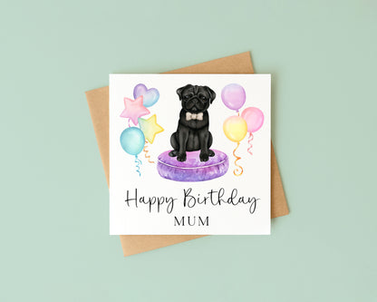 Personalised Black Pug Birthday card, custom dog pug lover card with envelope