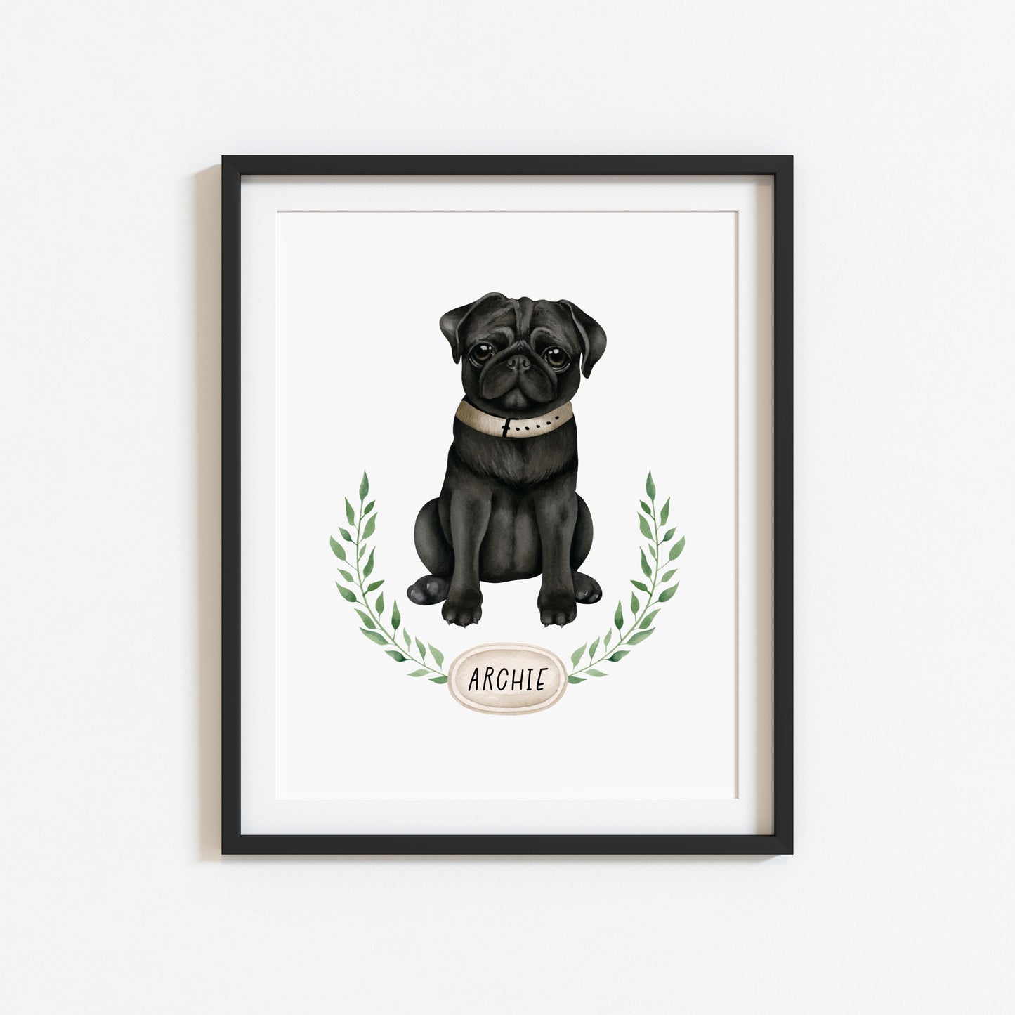 Personalised pug print, Black pug, personalised name & wreath dog pet unframed wall art poster print, personalised dog gifts, gift ideas