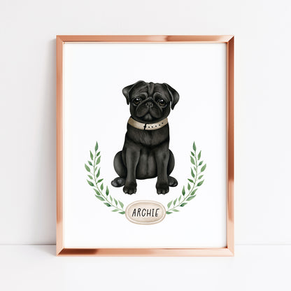 Personalised pug print, Black pug, personalised name & wreath dog pet unframed wall art poster print, personalised dog gifts, gift ideas