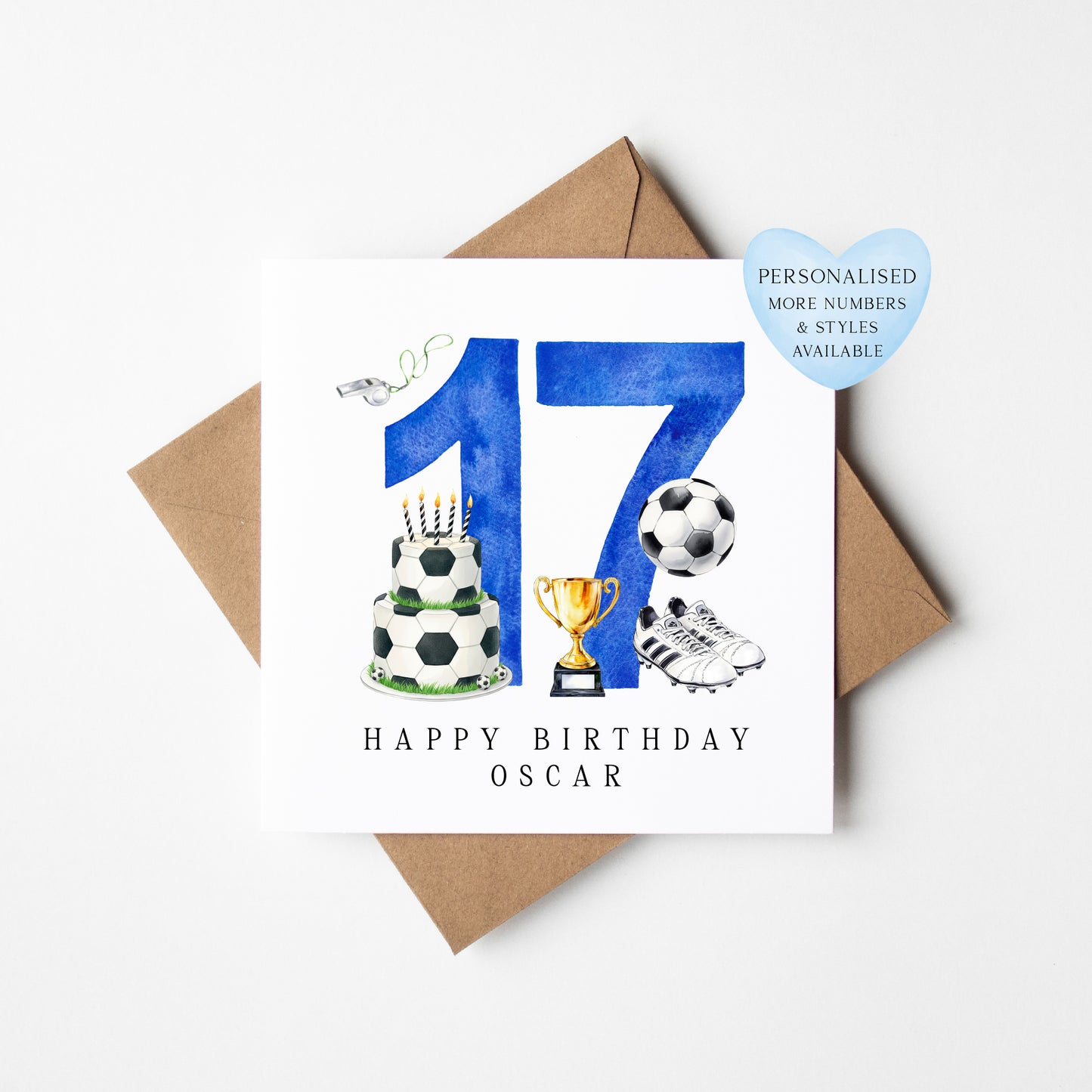 17th Birthday Card personalised football footy themed bday card number 17 with Envelope