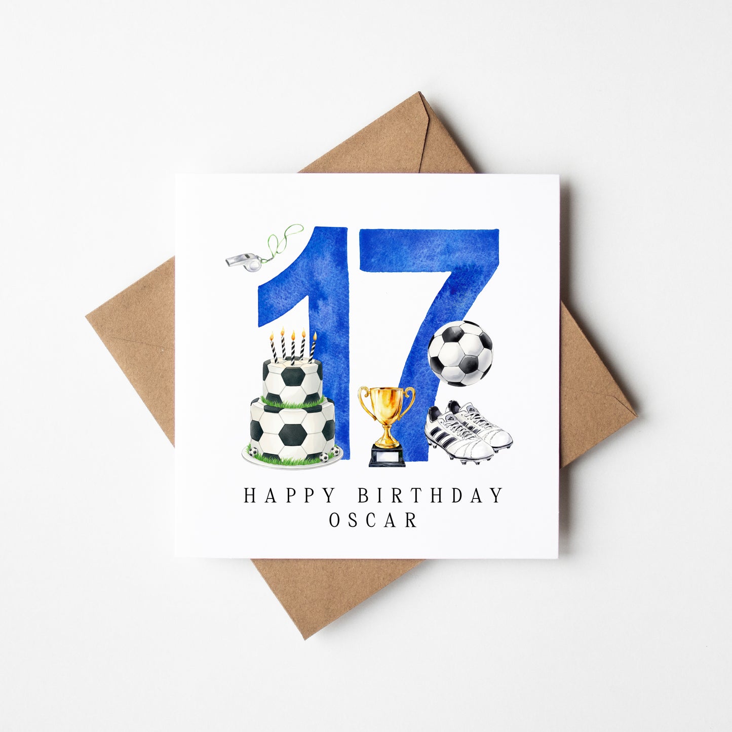17th Birthday Card personalised football footy themed bday card number 17 with Envelope