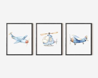 Air transport print set of 3 aviation aeroplane blue beige red boys transport wall art (unframed)