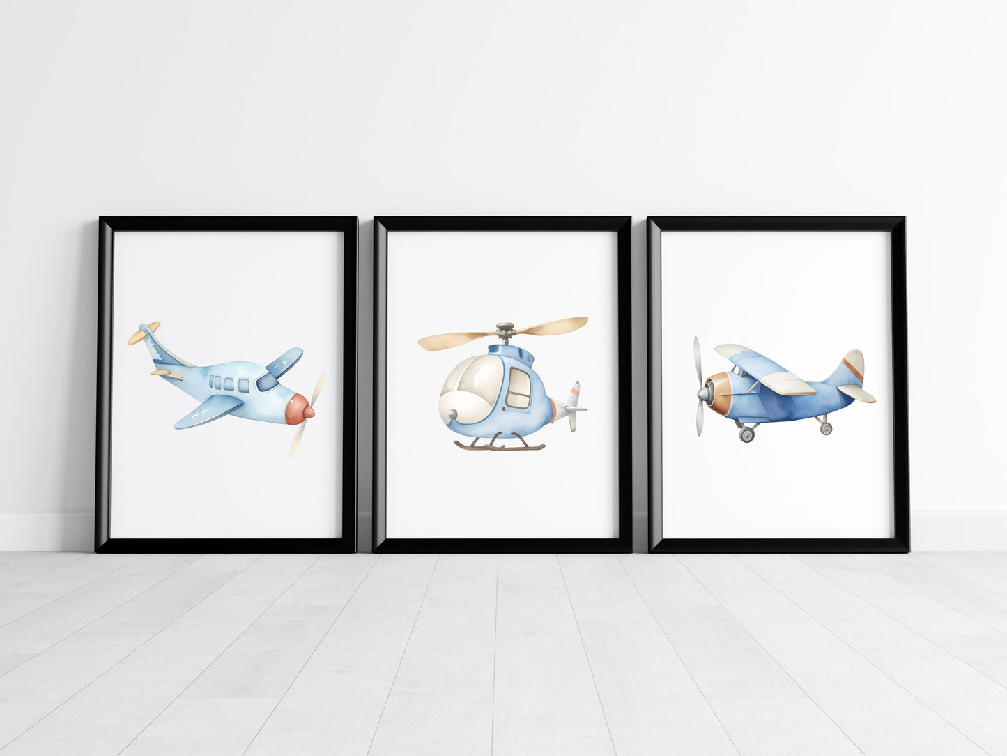 Air transport print set of 3 aviation aeroplane blue beige red boys transport wall art (unframed)