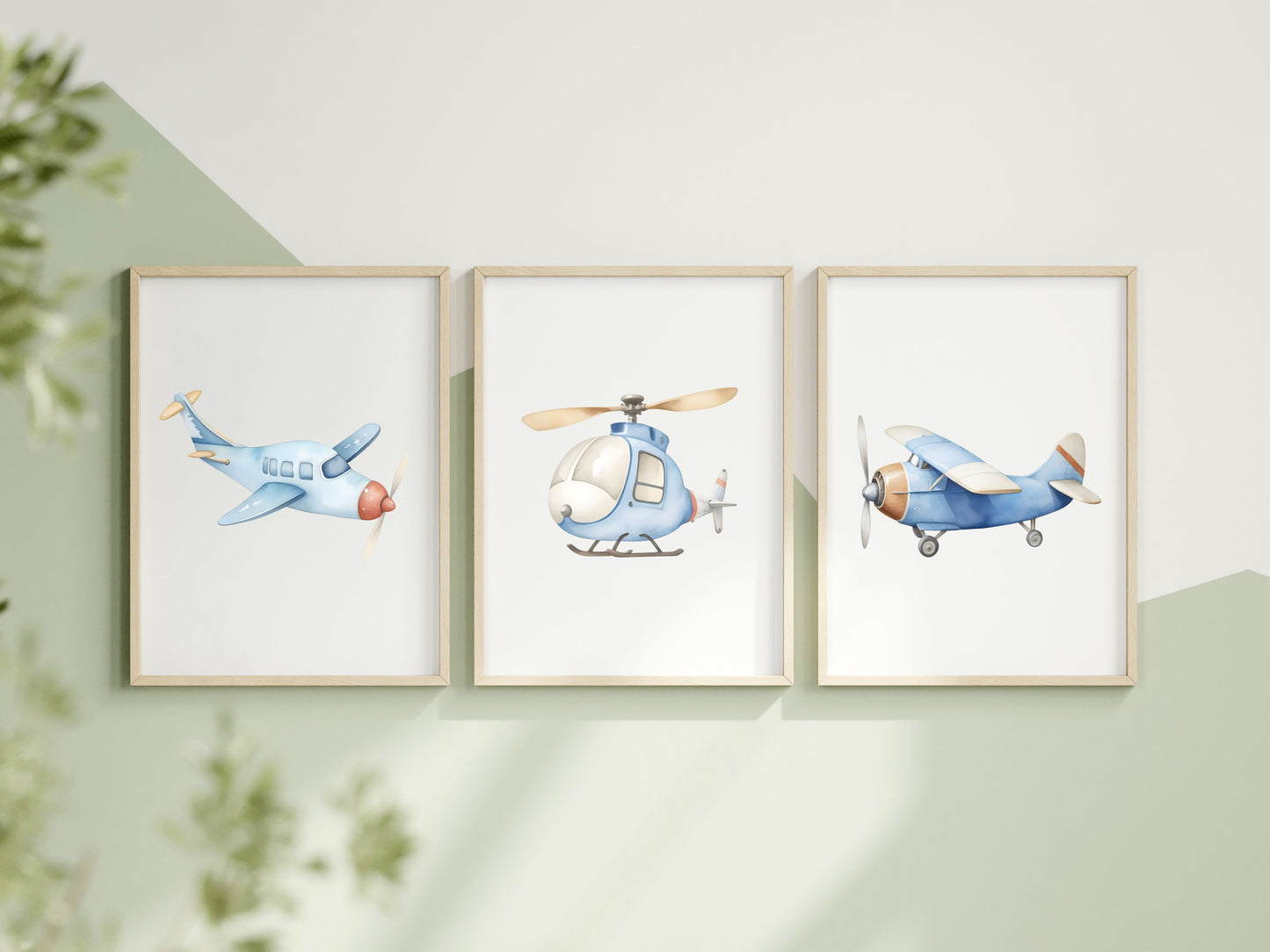 Air transport print set of 3 aviation aeroplane blue beige red boys transport wall art (unframed)