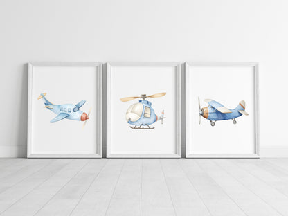 Air transport print set of 3 aviation aeroplane blue beige red boys transport wall art (unframed)