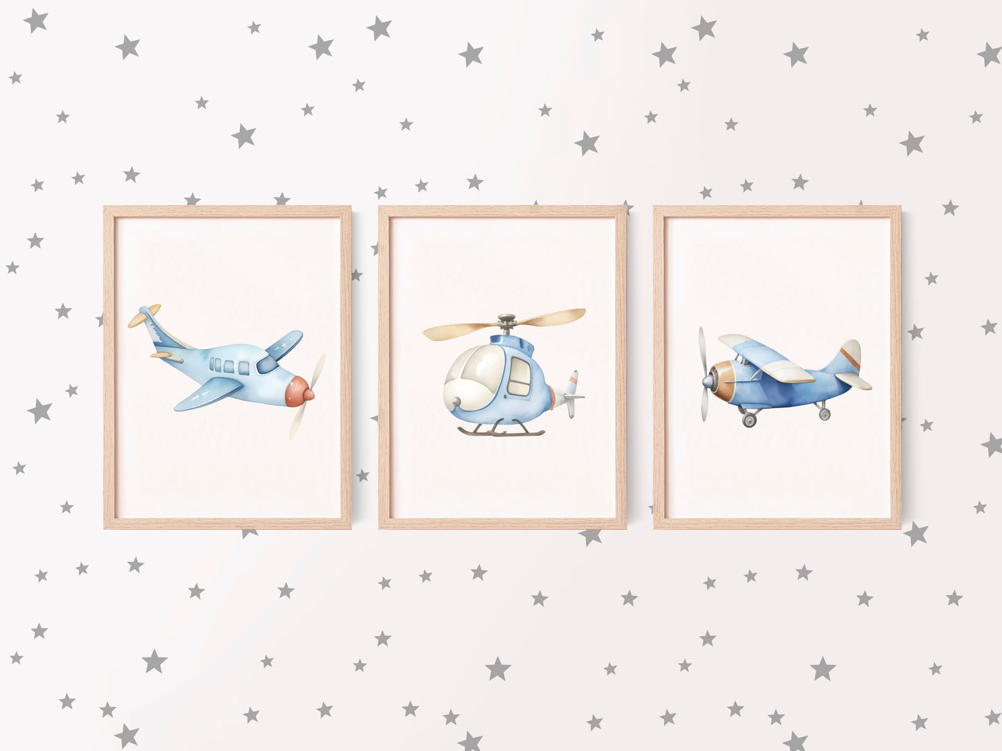Air transport print set of 3 aviation aeroplane blue beige red boys transport wall art (unframed)