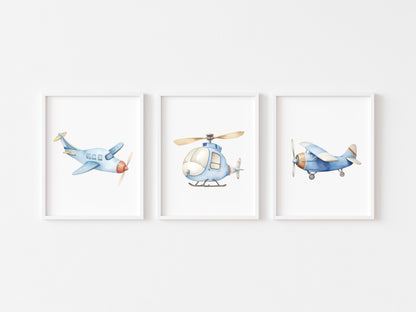 Air transport print set of 3 aviation aeroplane blue beige red boys transport wall art (unframed)