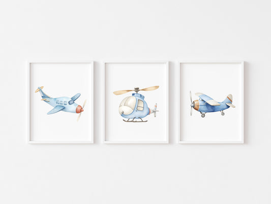 Air transport print set of 3 aviation aeroplane blue beige red boys transport wall art (unframed)