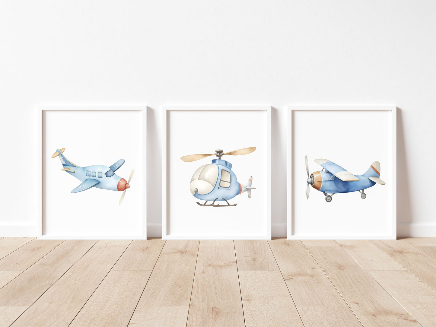 Air transport print set of 3 aviation aeroplane blue beige red boys transport wall art (unframed)