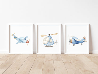 Air transport print set of 3 aviation aeroplane blue beige red boys transport wall art (unframed)