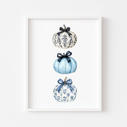 Pumpkin print, classic Chinoiserie Coquette Grand millennial watercolour style blue fall art (unframed)