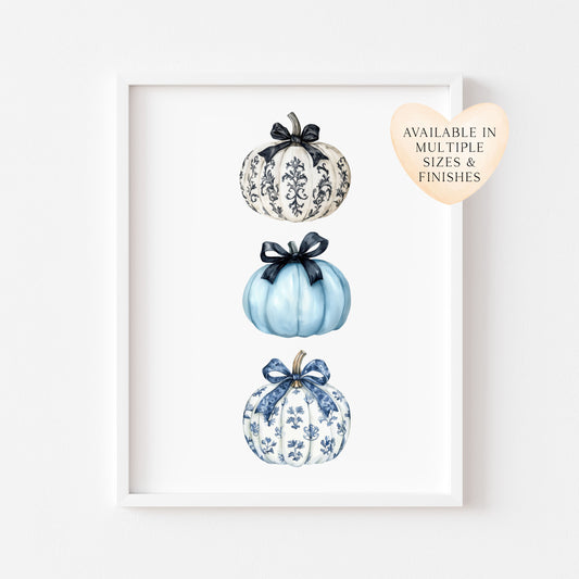 Pumpkin print, classic Chinoiserie Coquette Grand millennial watercolour style blue fall art (unframed)