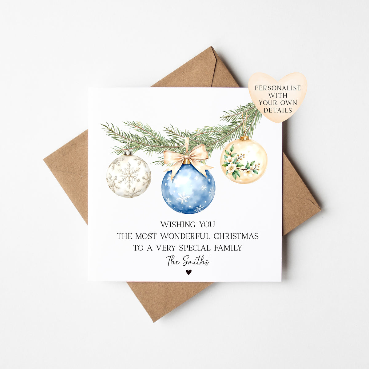 Christmas Card Festive Bauble decorations blue beige & white personalised with names