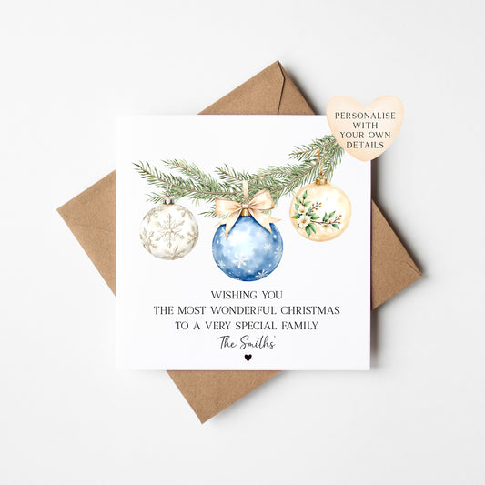 Christmas Card Festive Bauble decorations blue beige & white personalised with names