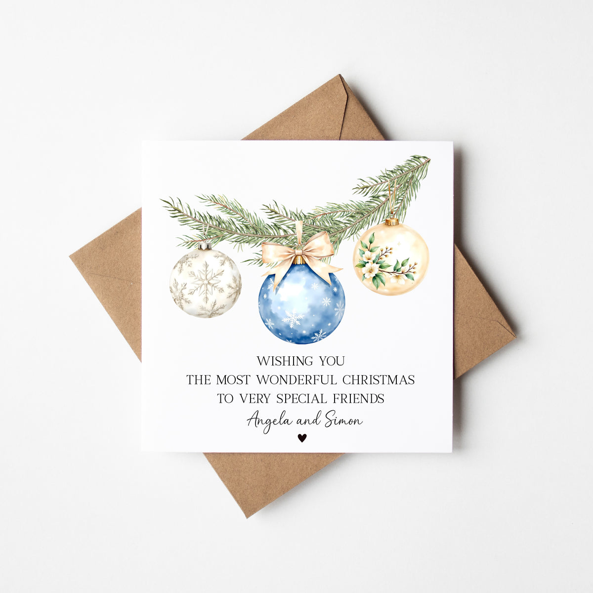 Christmas Card Festive Bauble decorations blue beige & white personalised with names