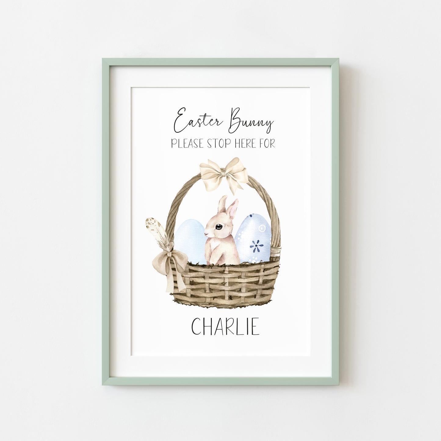 Personalised Easter Bunny please stop here for watercolour blue basket +eggs unframed wall art poster print