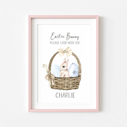 Personalised Easter Bunny please stop here for watercolour blue basket +eggs unframed wall art poster print