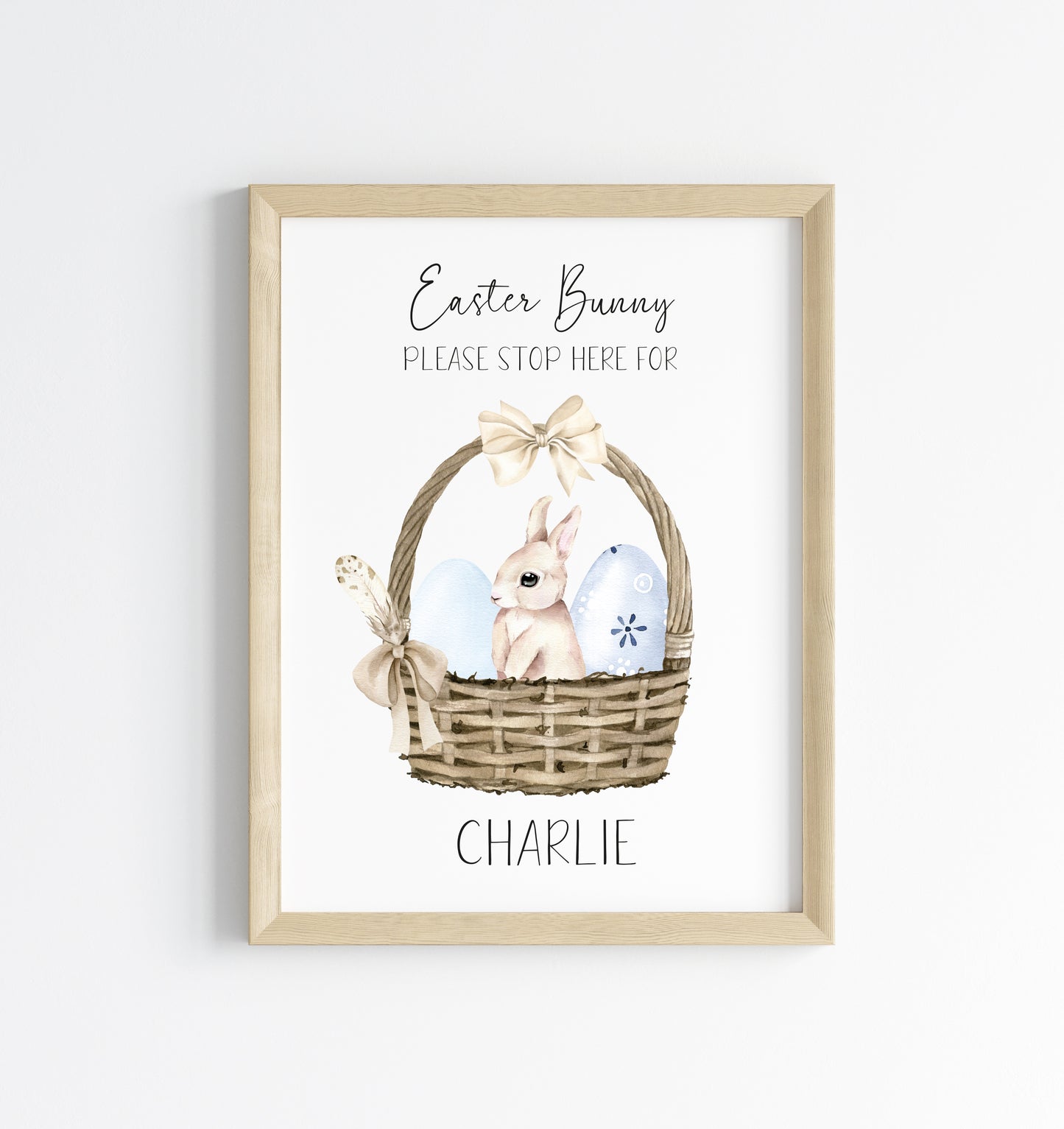 Personalised Easter Bunny please stop here for watercolour blue basket +eggs unframed wall art poster print