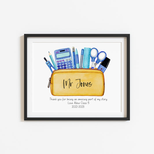 Personalised teacher name yellow pencil case watercolour illustration unframed wall art poster print