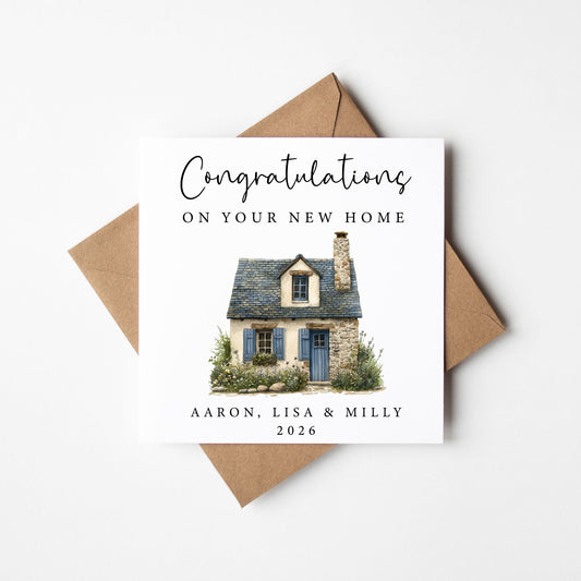 Personalised New First home card, congratulations pretty cottage names dates personalised with Envelope