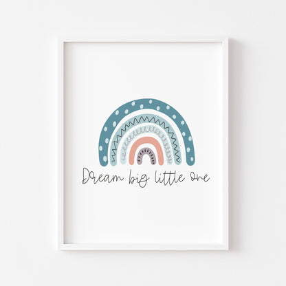 Dream big little one blue orange rainbow watercolour unframed print
