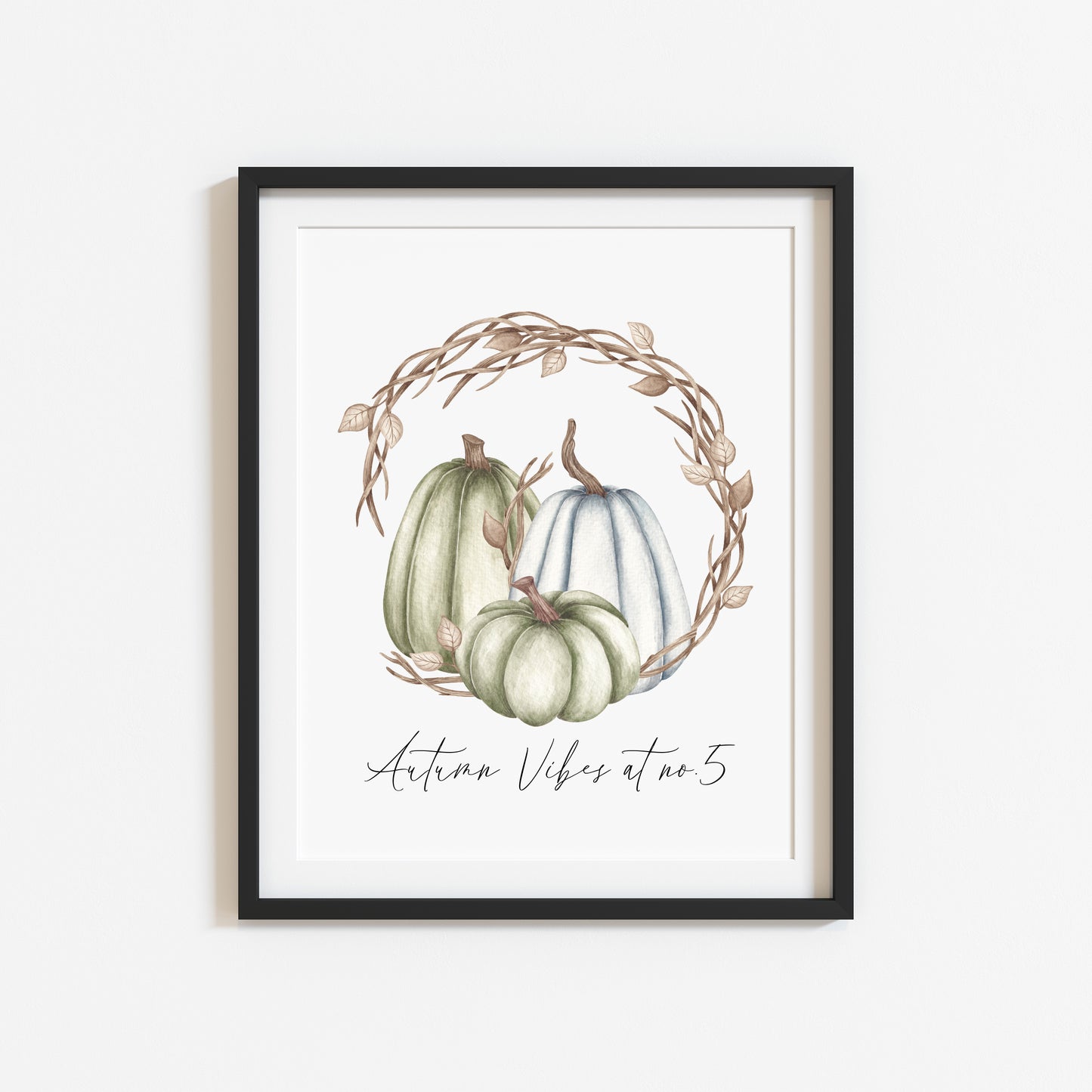 Autumn vibes at no. personalised watercolour blue green brown pumpkin wreath unframed wall art poster print