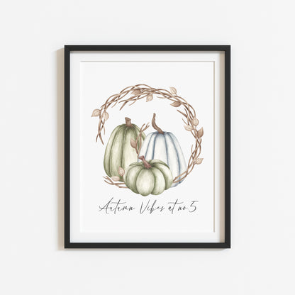 Autumn vibes at no. personalised watercolour blue green brown pumpkin wreath unframed wall art poster print