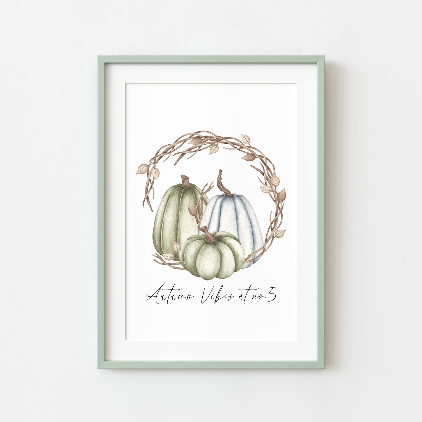 Autumn vibes at no. personalised watercolour blue green brown pumpkin wreath unframed wall art poster print