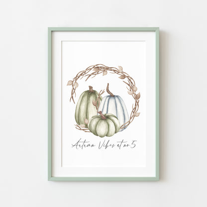 Autumn vibes at no. personalised watercolour blue green brown pumpkin wreath unframed wall art poster print