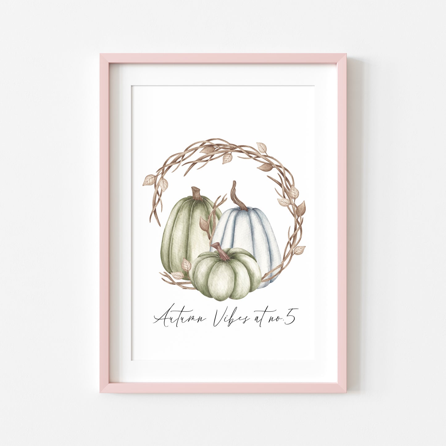 Autumn vibes at no. personalised watercolour blue green brown pumpkin wreath unframed wall art poster print
